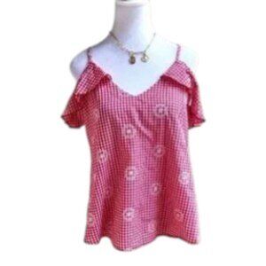 Gingham Top Embroidered Red & White Cotton Gypsies & Moondust (S)